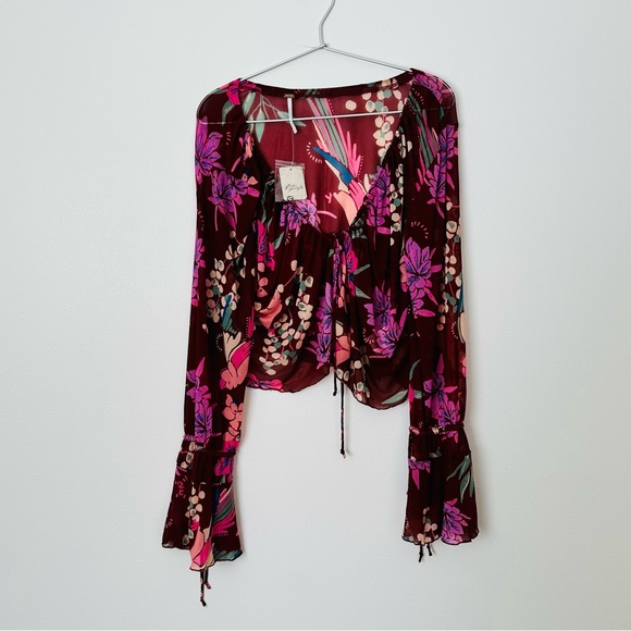 Free People Top Floral Print Of Paradise Tie Front Crop Boho Blouse Burgundy - Picture 9 of 12